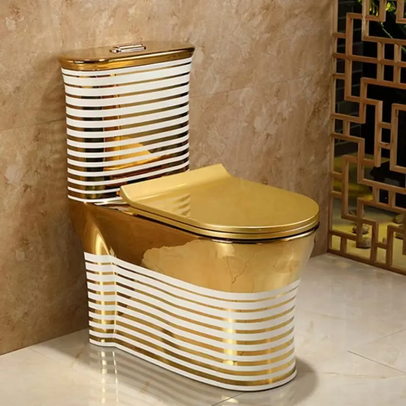 WC OEM Ceramic Luxurious Gold and White Striped Toilet Basin Bowl-product